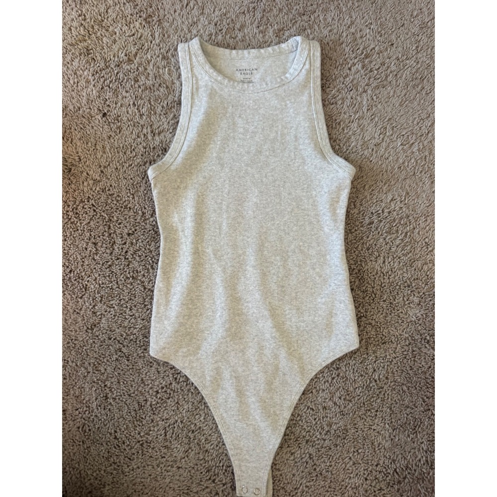 American Eagle Heather Gray Ribbed High Neck Sleeveless Bodysuit Medium